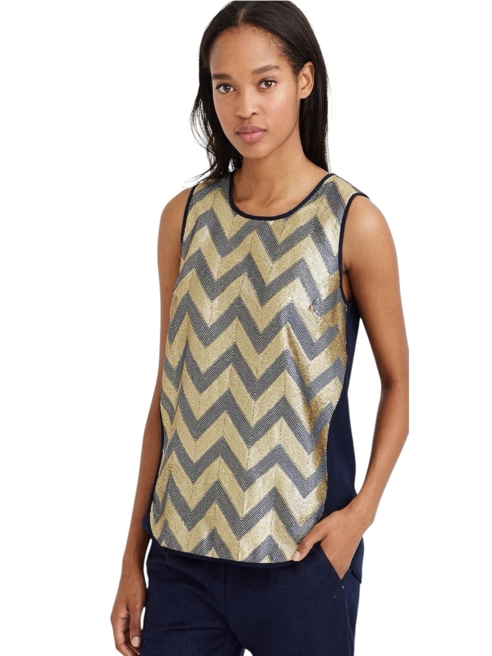 J.CREW NEW Metallic Gold Blue Stripe Top 6 Sleeveless Blouse Chevron Tank Preppy